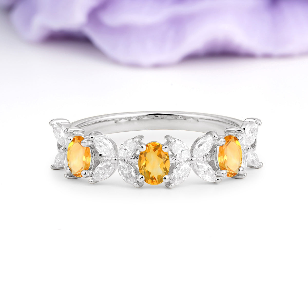 Unique and Luxurious 4 Prong Oval Cut Citrine Three stones Wedding Ring - Additional view