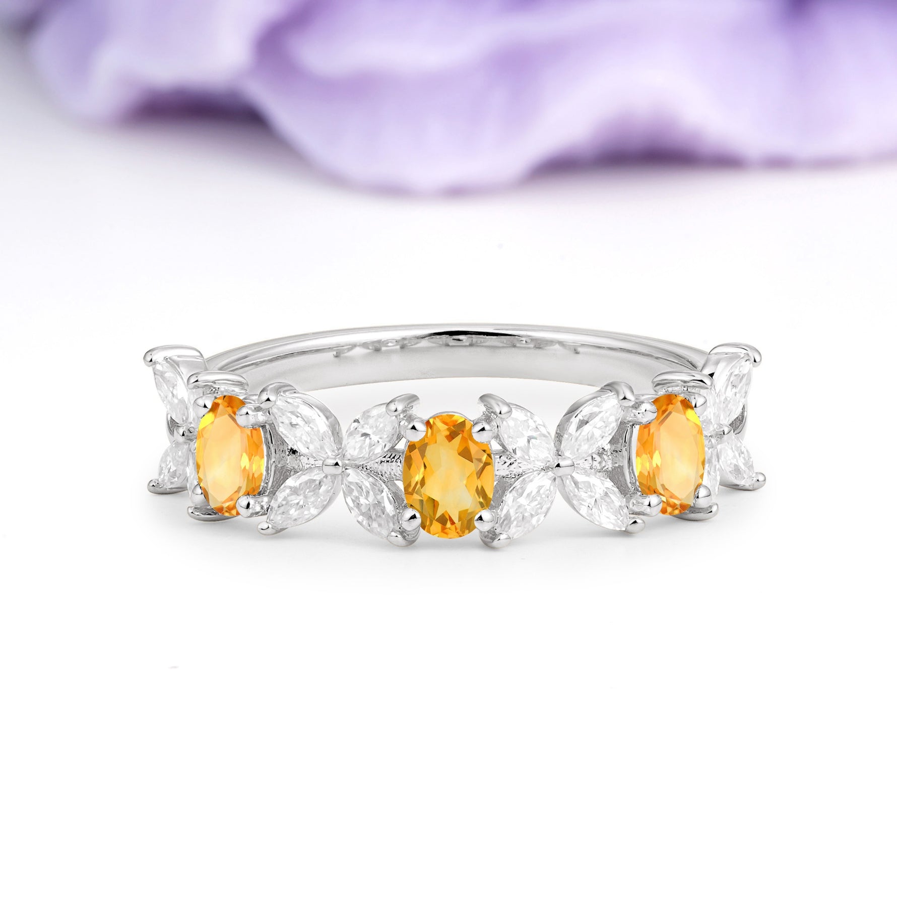 Unique and Luxurious 4 Prong Oval Cut Citrine Three stones Wedding Ring - Additional view