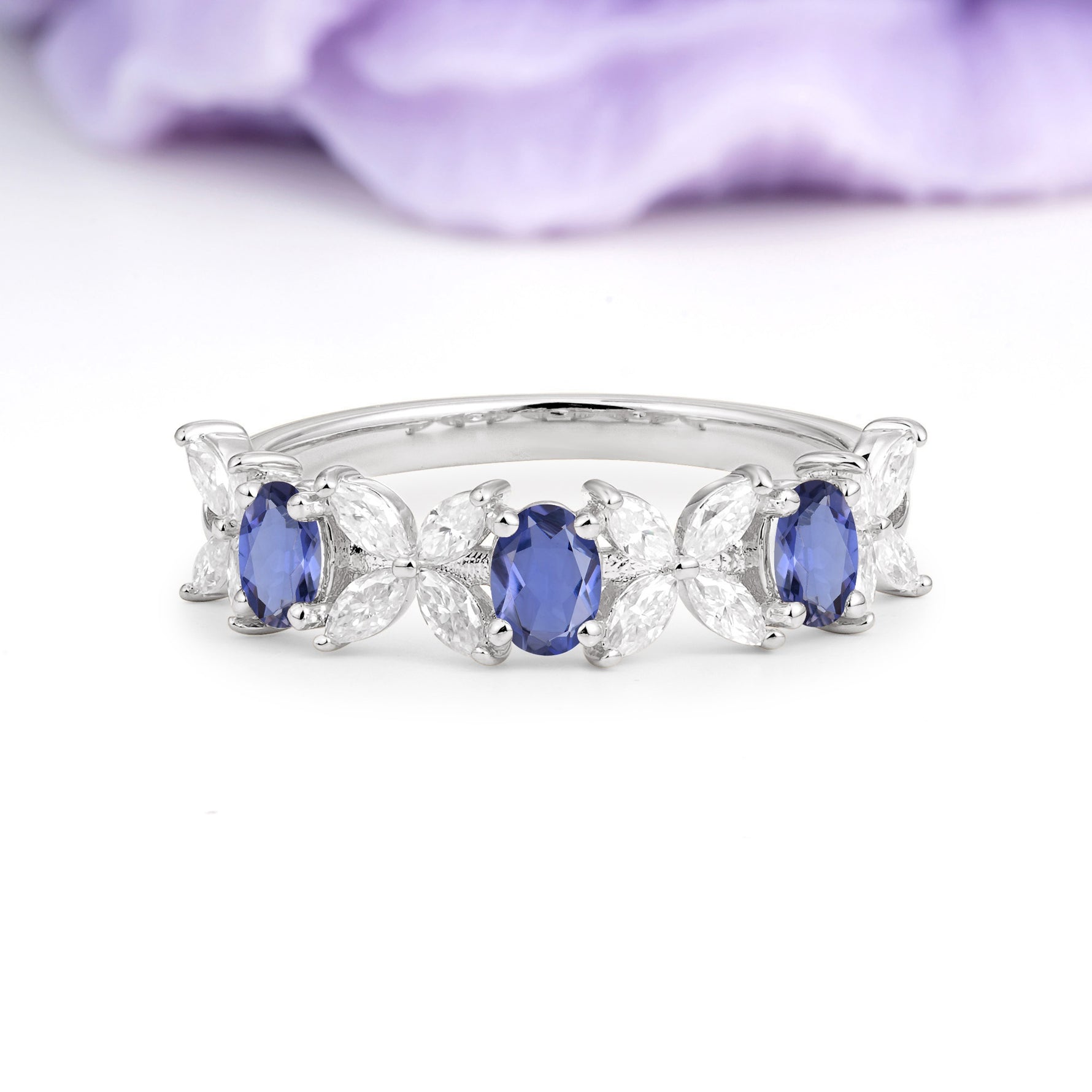 Unique and Luxurious 4 Prong Oval Cut Tanzanite Three stones Wedding Ring - Additional view