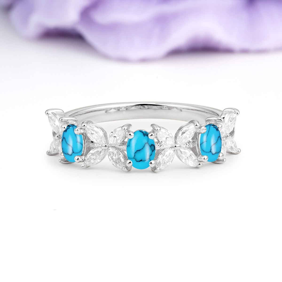 Unique and Luxurious 4 Prong Oval Cut Turquoise Three stones Wedding Ring - Additional view