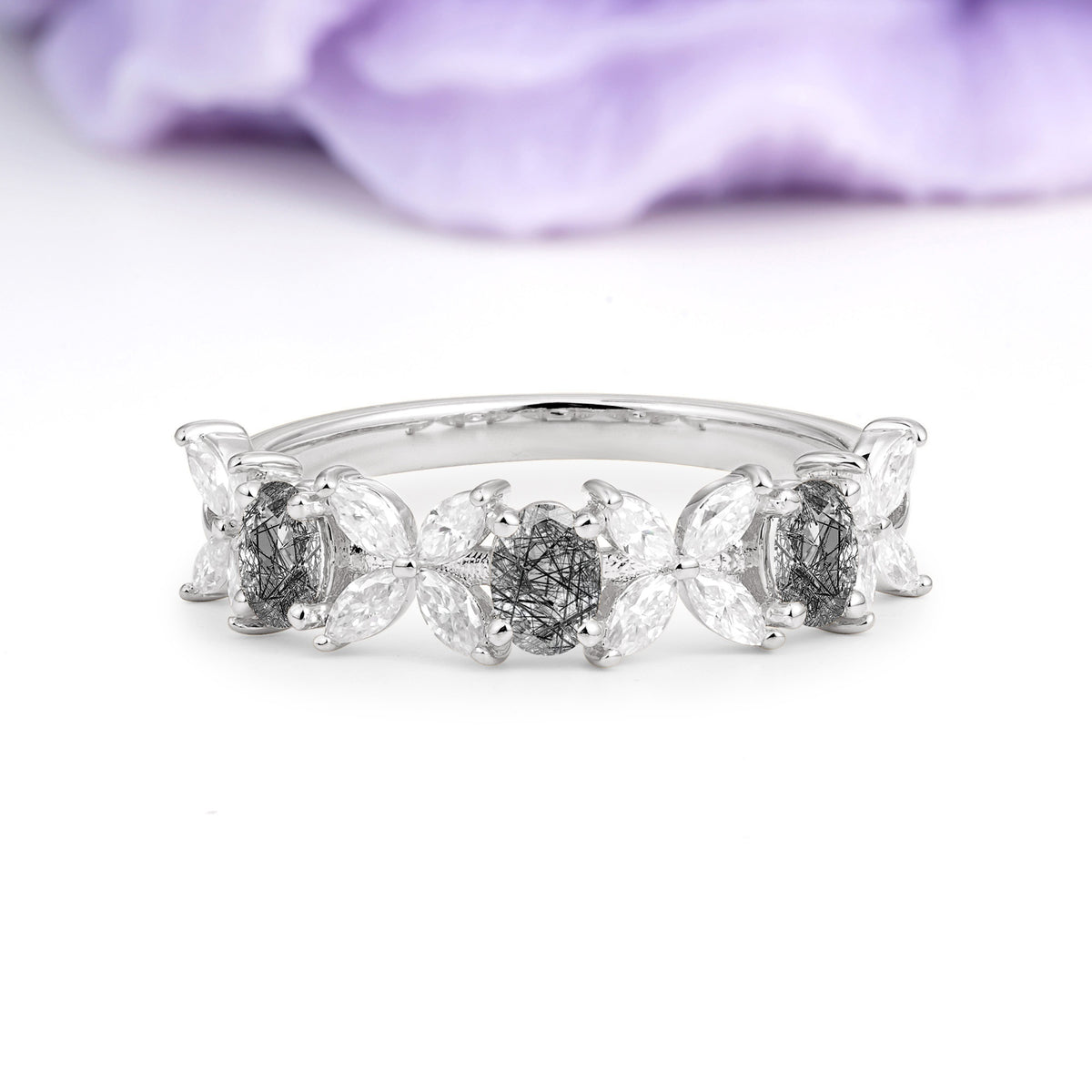 Unique and Luxurious 4 Prong Oval Cut Black Rutilated Quartz Three stones Wedding Ring - Additional view