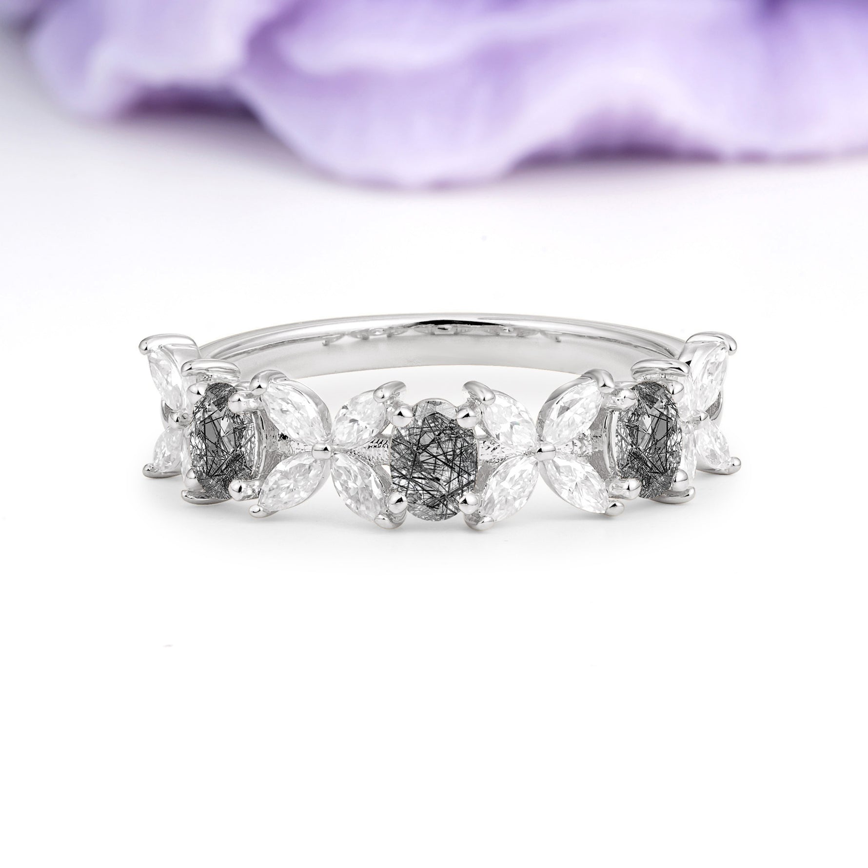 Unique and Luxurious 4 Prong Oval Cut Black Rutilated Quartz Three stones Wedding Ring - Additional view