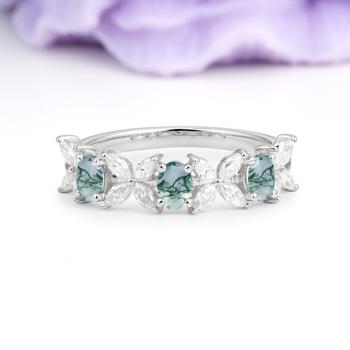 Unique and Luxurious 4 Prong Oval Cut Moss Agate Three stones Wedding Ring - Additional view