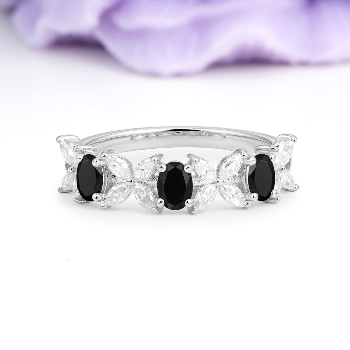 Unique and Luxurious 4 Prong Oval Cut Black Onyx Three stones Wedding Ring - Additional view