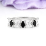Unique and Luxurious 4 Prong Oval Cut Black Onyx Three stones Wedding Ring - Additional view