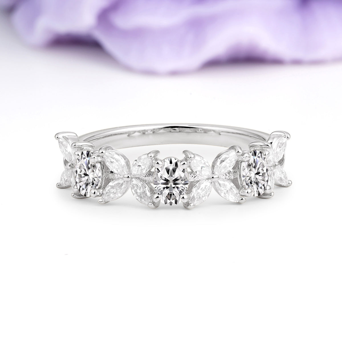Unique and Luxurious 4 Prong Oval Cut Lab Diamond Three stones Wedding Ring - Additional view