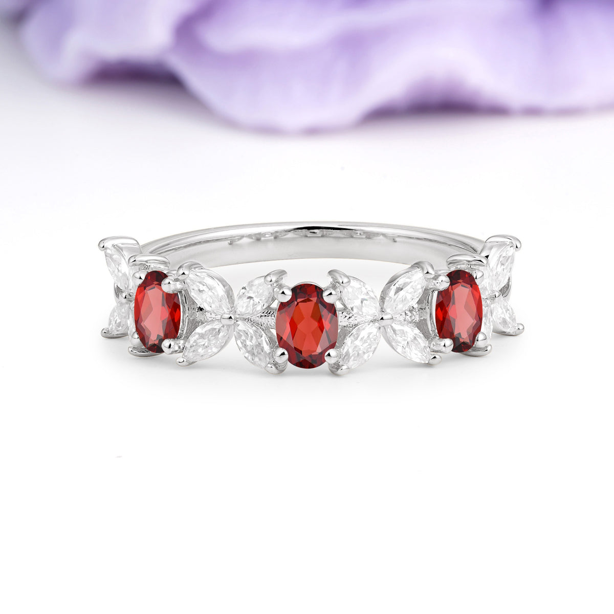 Unique and Luxurious 4 Prong Oval Cut Garnet Three stones Wedding Ring - Additional view