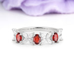 Unique and Luxurious 4 Prong Oval Cut Garnet Three stones Wedding Ring - Additional view