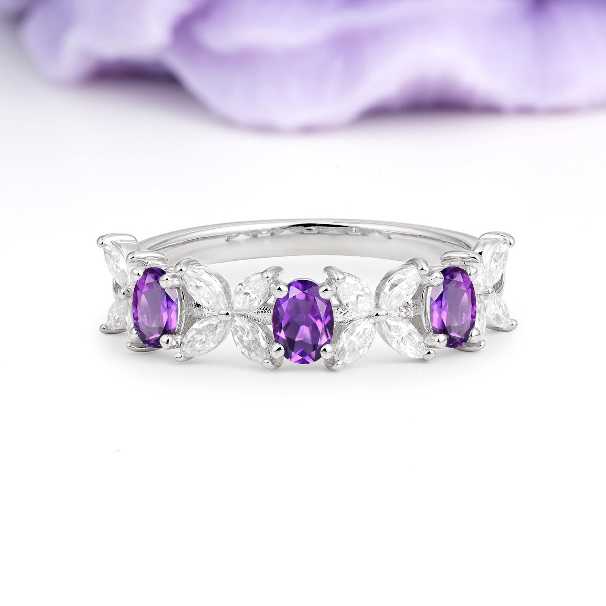 Unique and Luxurious 4 Prong Oval Cut Amethyst Three stones Wedding Ring - Additional view