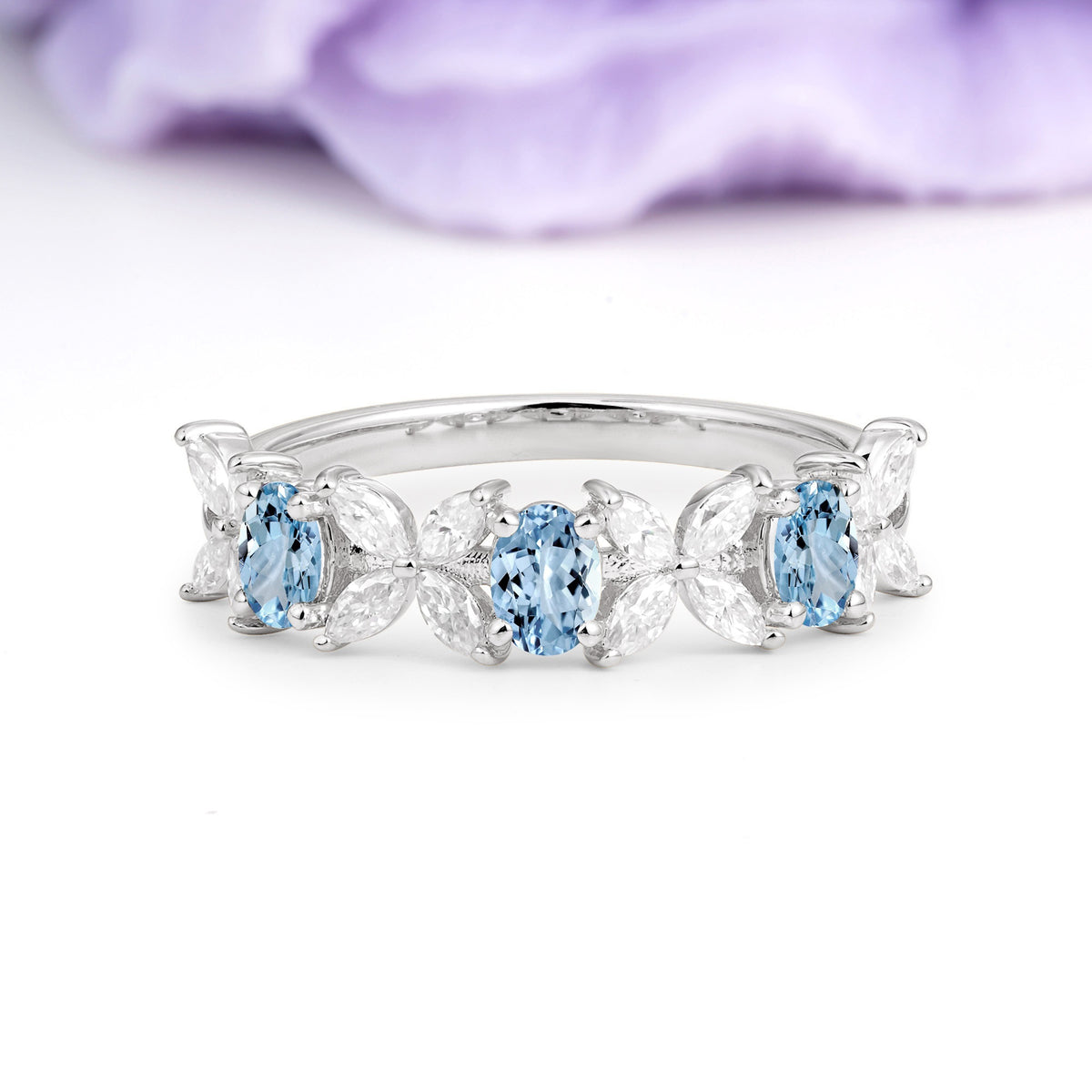 Unique and Luxurious 4 Prong Oval Cut Aquamarine Three stones Wedding Ring - Additional view