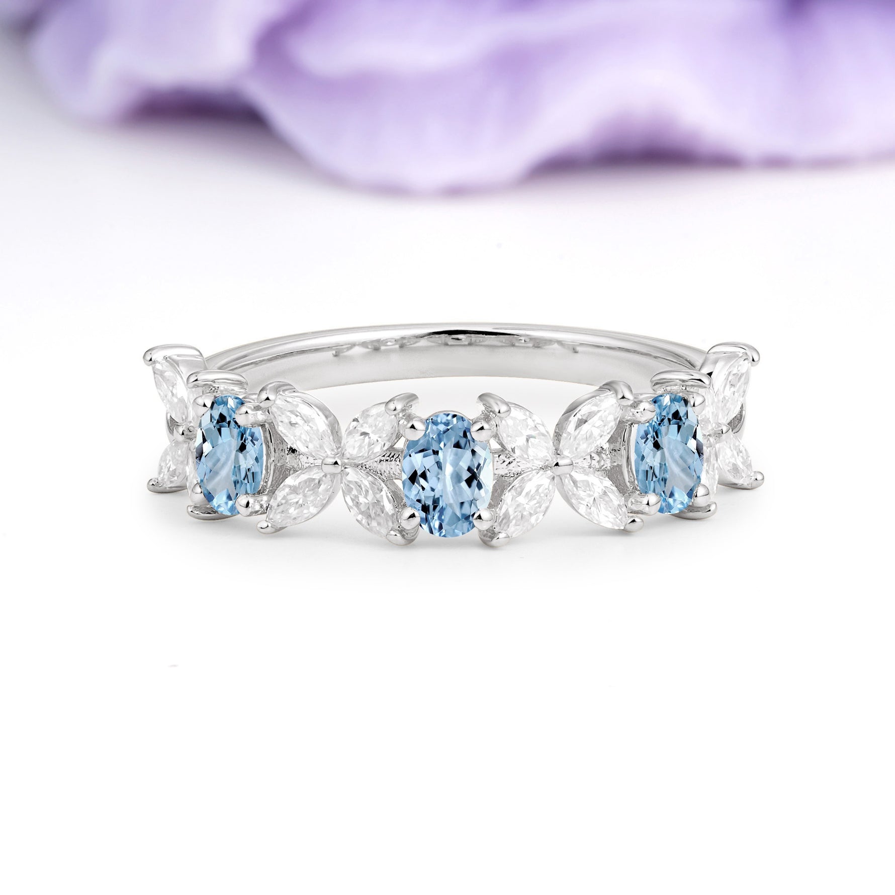 Unique and Luxurious 4 Prong Oval Cut Aquamarine Three stones Wedding Ring - Additional view