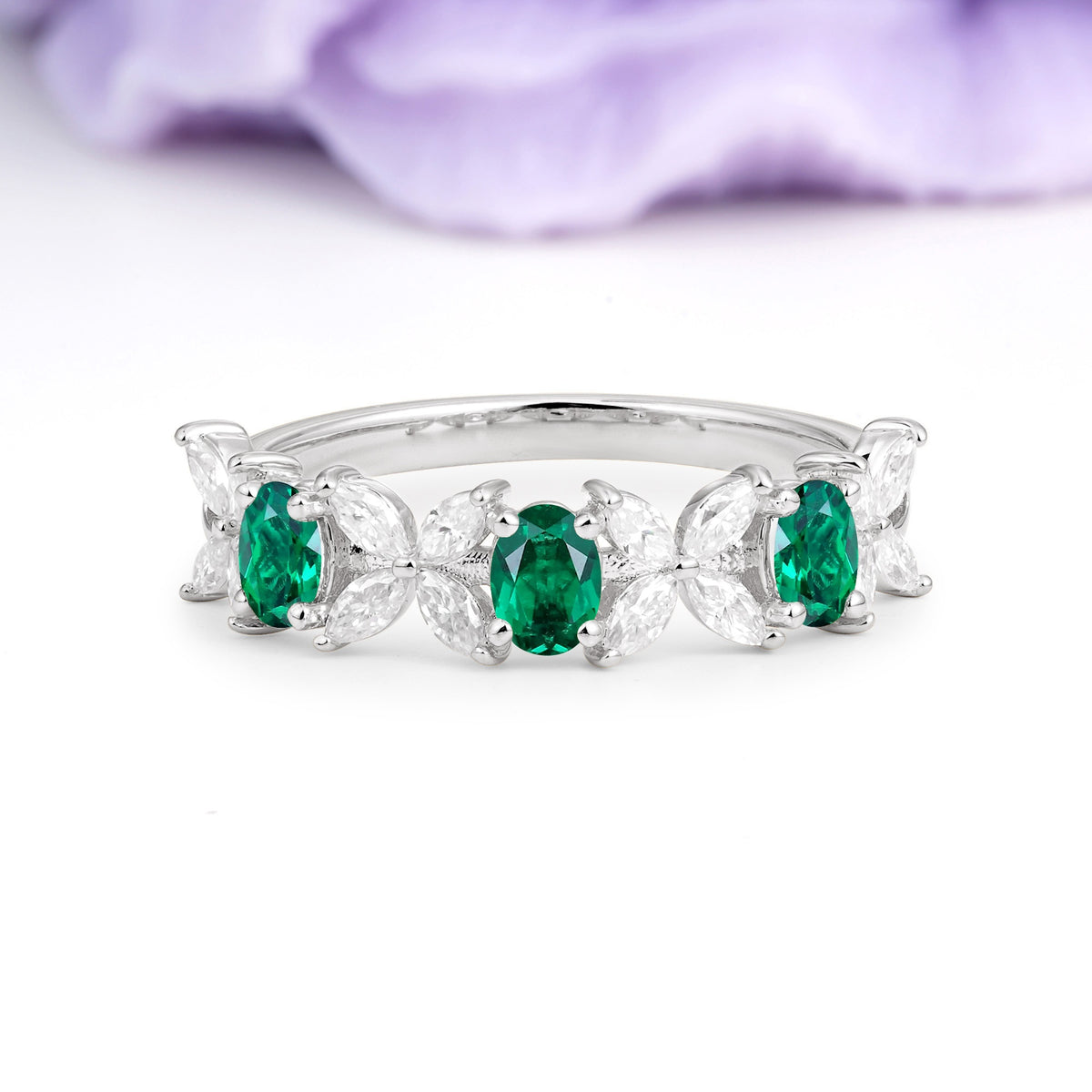 Unique and Luxurious 4 Prong Oval Cut Emerald Three stones Wedding Ring - Additional view