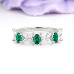 Unique and Luxurious 4 Prong Oval Cut Emerald Three stones Wedding Ring - Additional view
