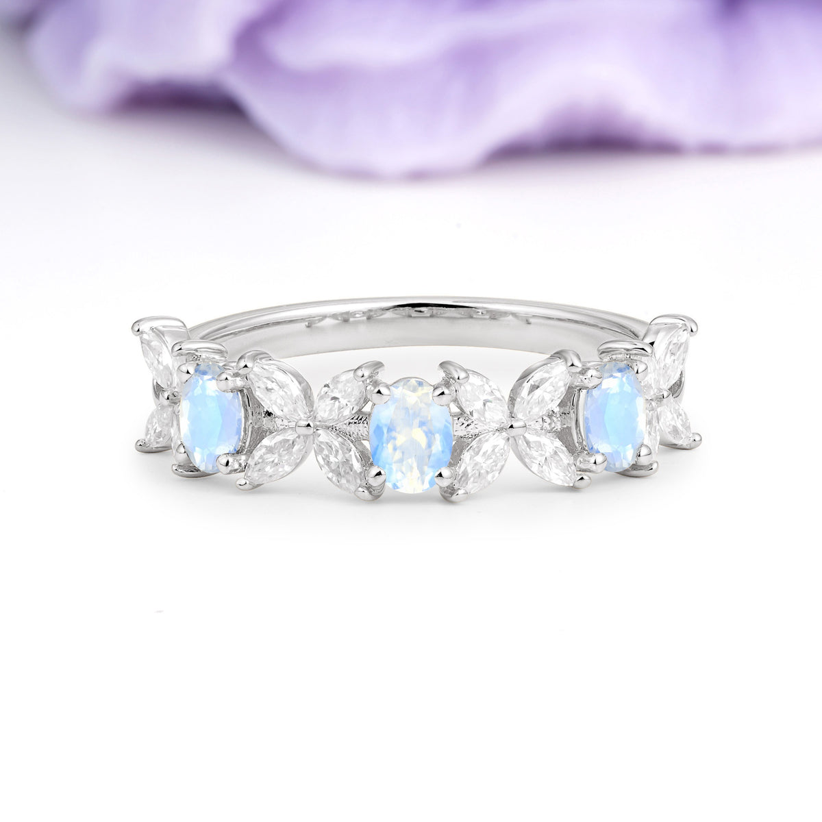 Unique and Luxurious 4 Prong Oval Cut Moonstone Three stones Wedding Ring - Additional view