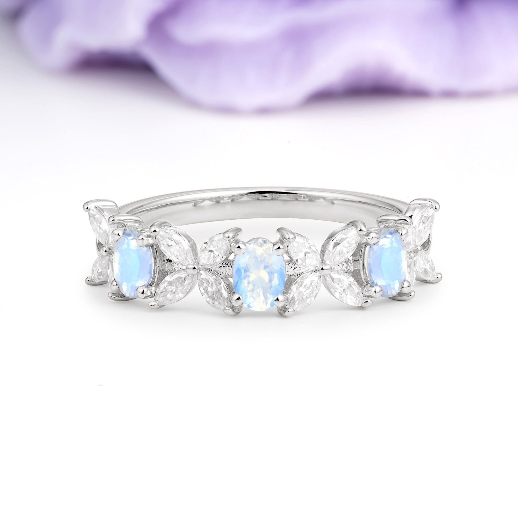 Unique and Luxurious 4 Prong Oval Cut Moonstone Three stones Wedding Ring - Additional view