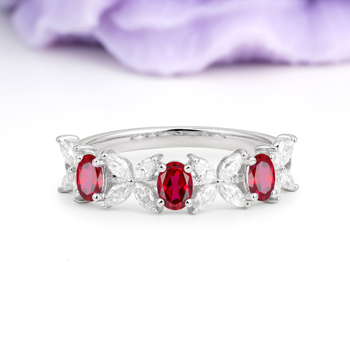 Unique and Luxurious 4 Prong Oval Cut Ruby Three stones Wedding Ring - Additional view