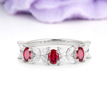 Unique and Luxurious 4 Prong Oval Cut Ruby Three stones Wedding Ring - Additional view