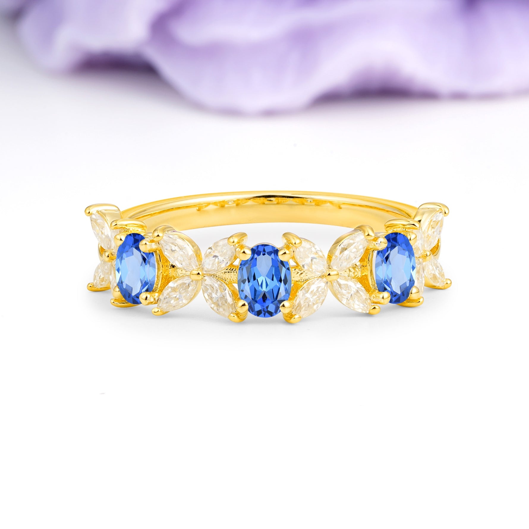 Unique and Luxurious 4 Prong Oval Cut Sapphire Three stones Wedding Ring - Additional view