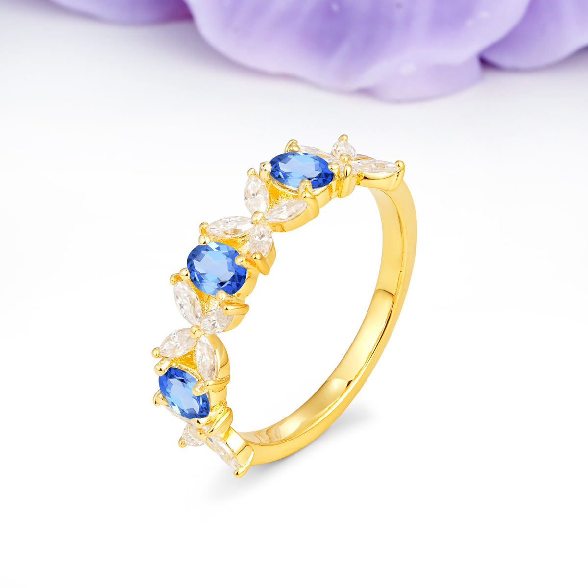 Unique and Luxurious 4 Prong Oval Cut Sapphire Three stones Wedding Ring - Additional view