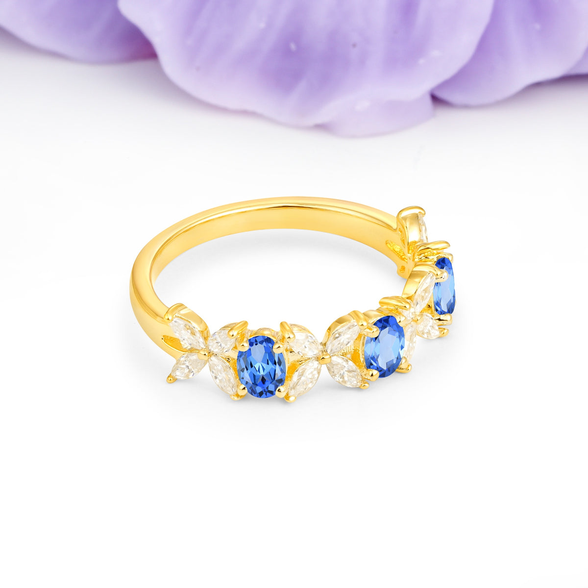 Unique and Luxurious 4 Prong Oval Cut Sapphire Three stones Wedding Ring - Additional view