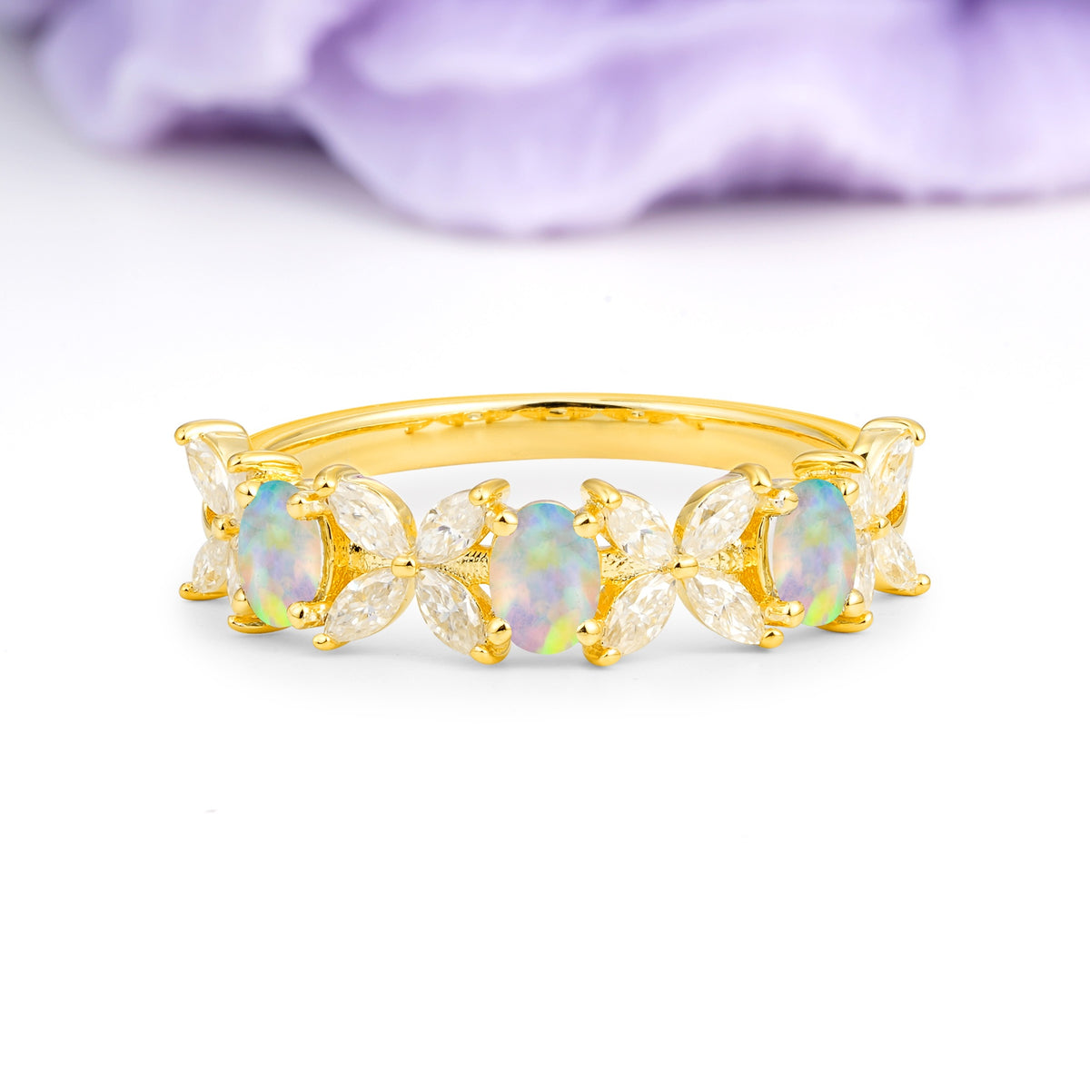 Unique and Luxurious 4 Prong Oval Cut Fire Opal Three stones Wedding Ring - Additional view