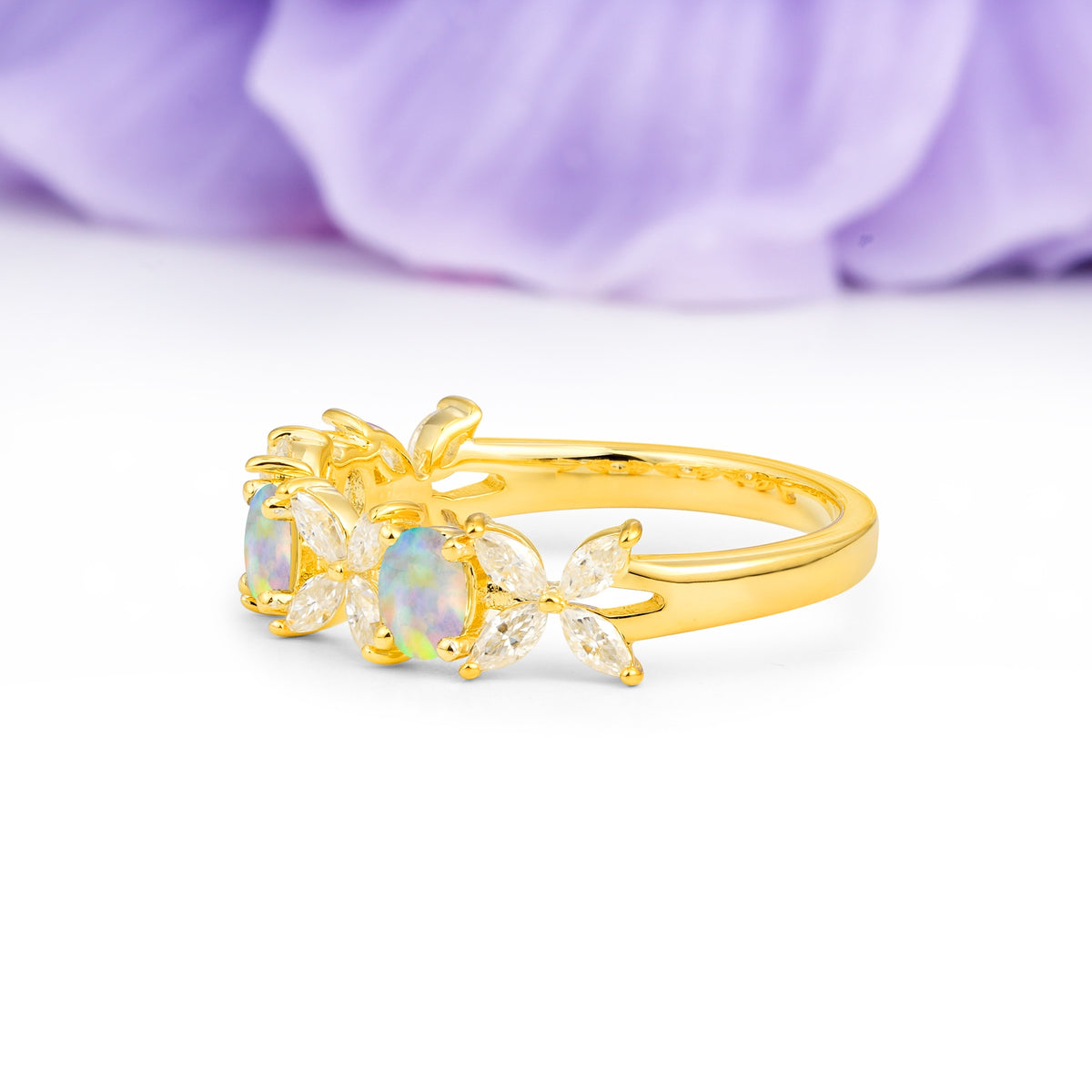 Unique and Luxurious 4 Prong Oval Cut Fire Opal Three stones Wedding Ring - Additional view