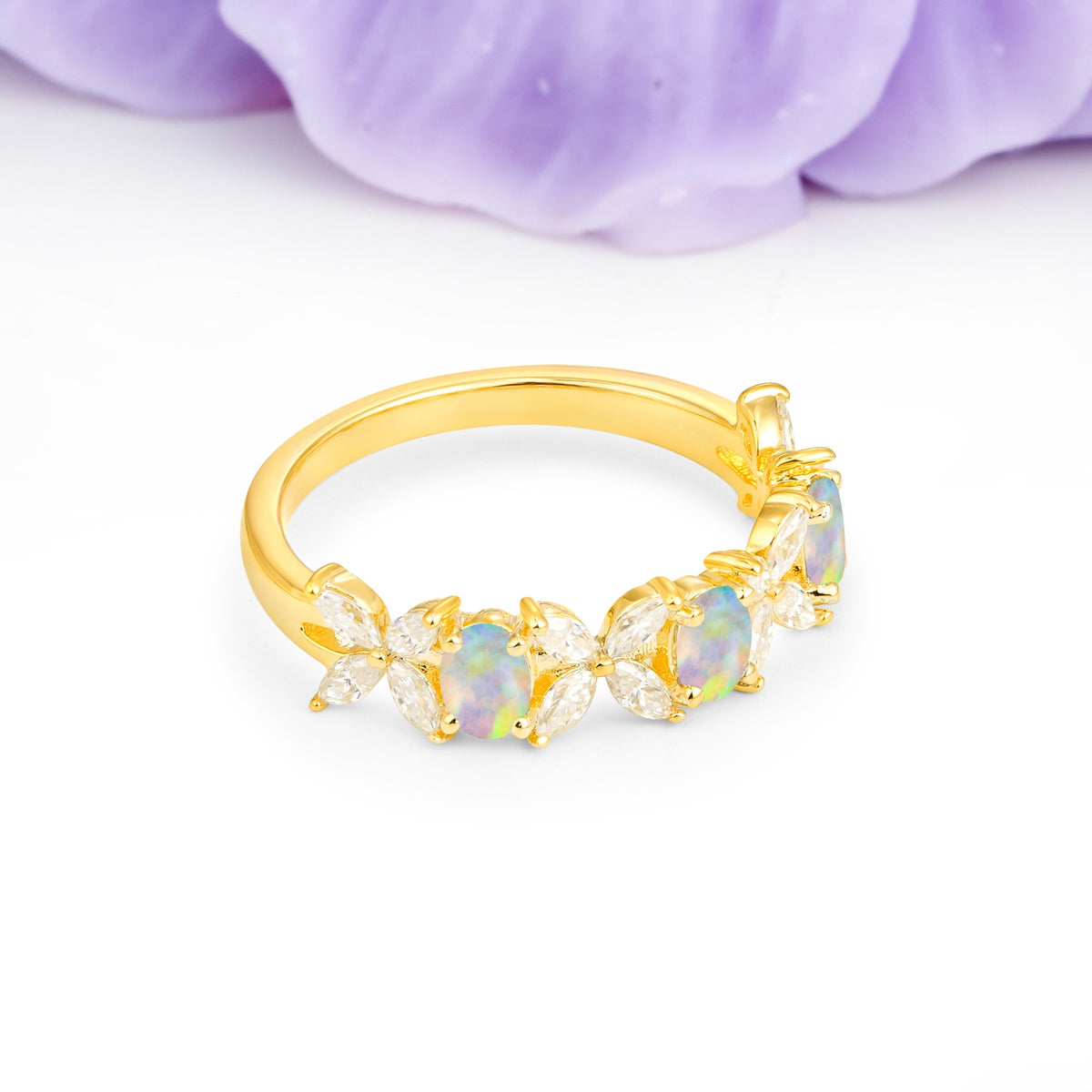 Unique and Luxurious 4 Prong Oval Cut Fire Opal Three stones Wedding Ring - Additional view