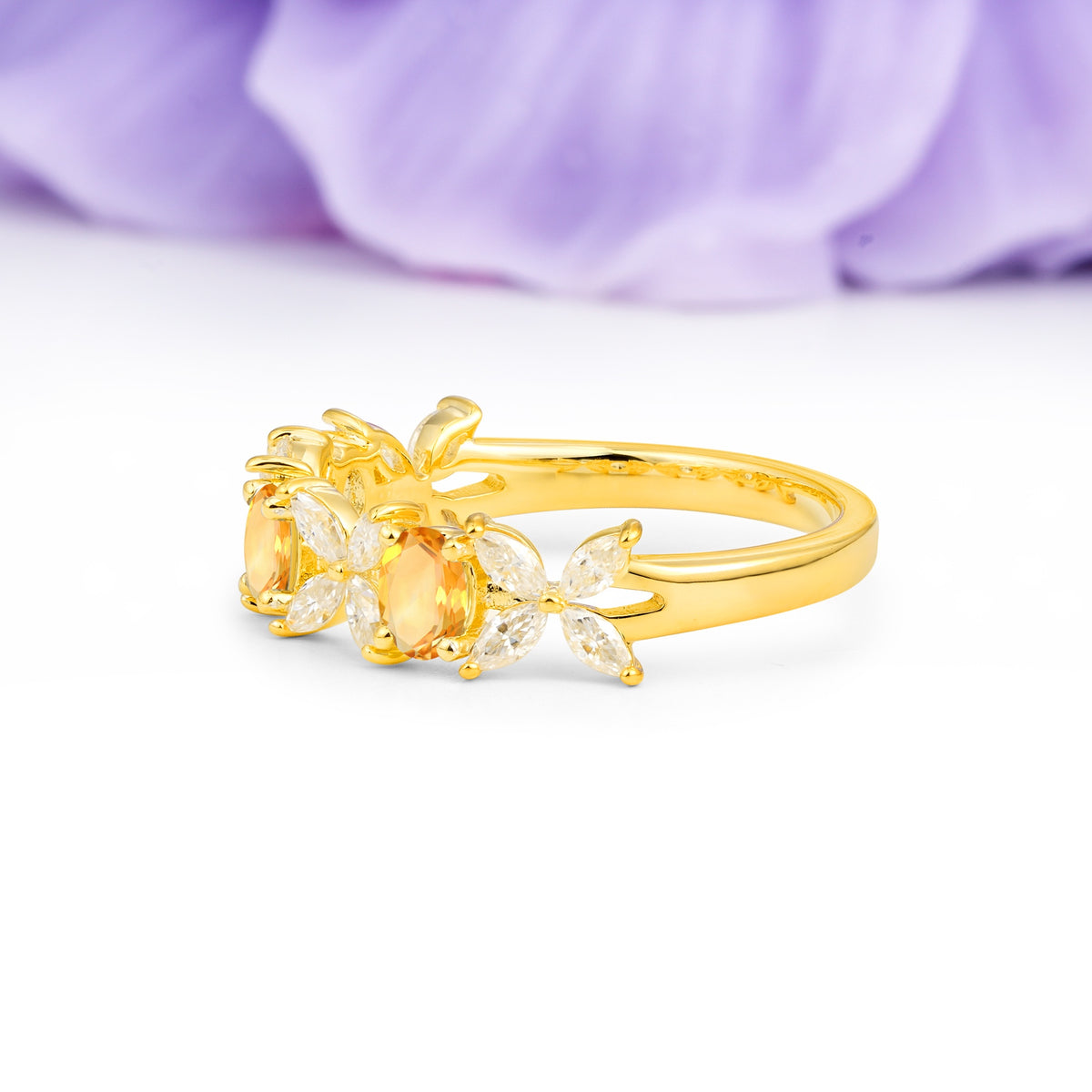 Unique and Luxurious 4 Prong Oval Cut Citrine Three stones Wedding Ring - Additional view