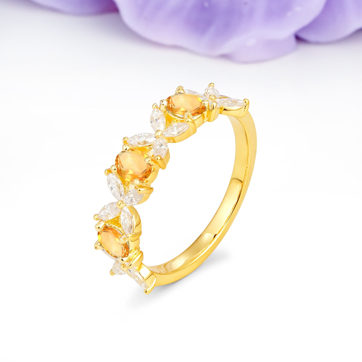 Unique and Luxurious 4 Prong Oval Cut Citrine Three stones Wedding Ring - Additional view