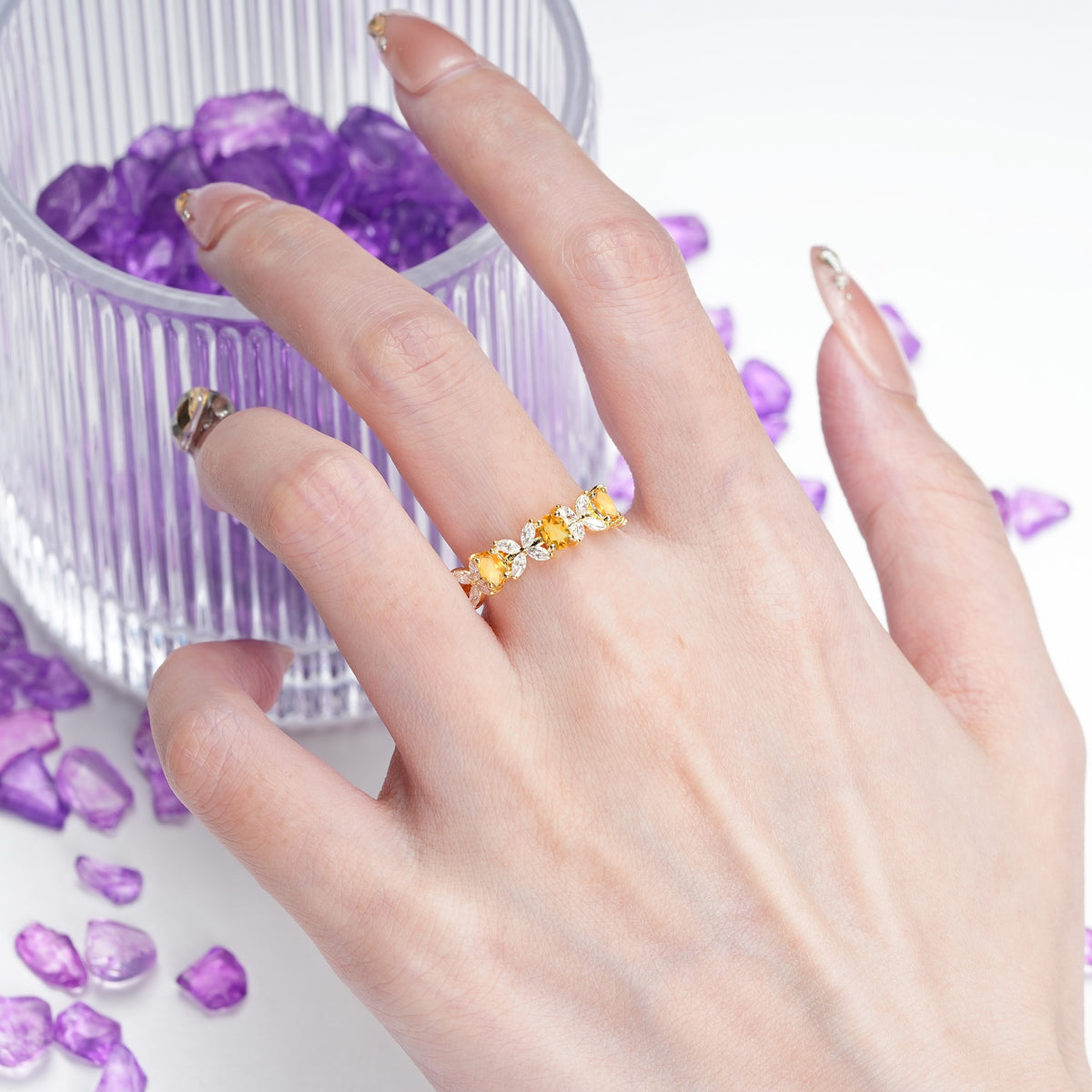 Unique and Luxurious 4 Prong Oval Cut Citrine Three stones Wedding Ring - Additional view
