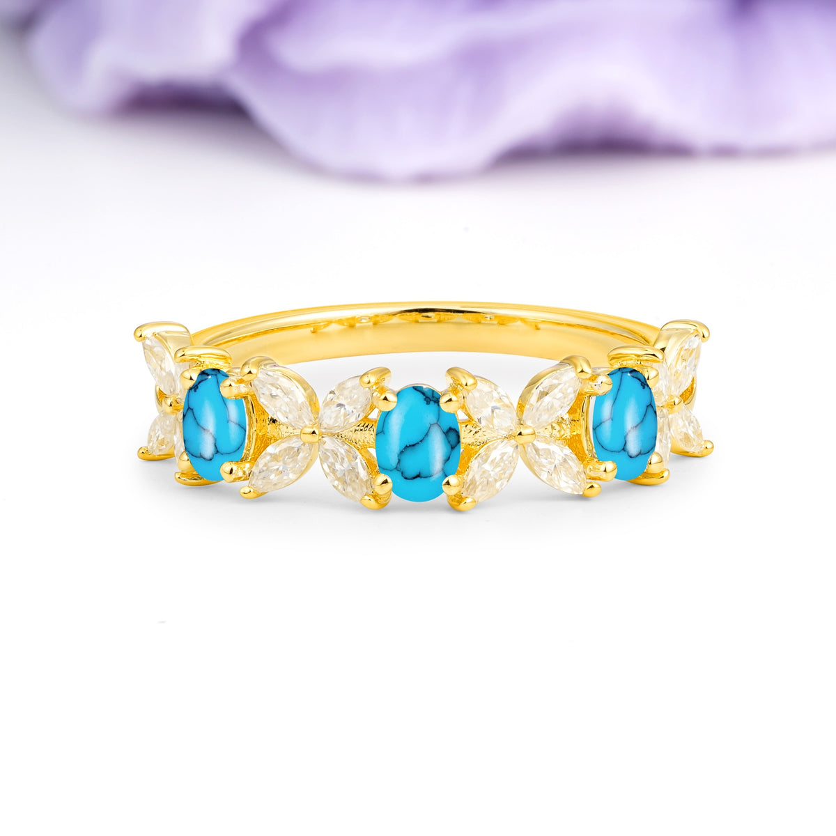 Unique and Luxurious 4 Prong Oval Cut Turquoise Three stones Wedding Ring - Additional view