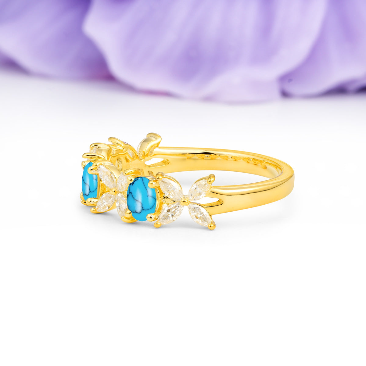 Unique and Luxurious 4 Prong Oval Cut Turquoise Three stones Wedding Ring - Additional view