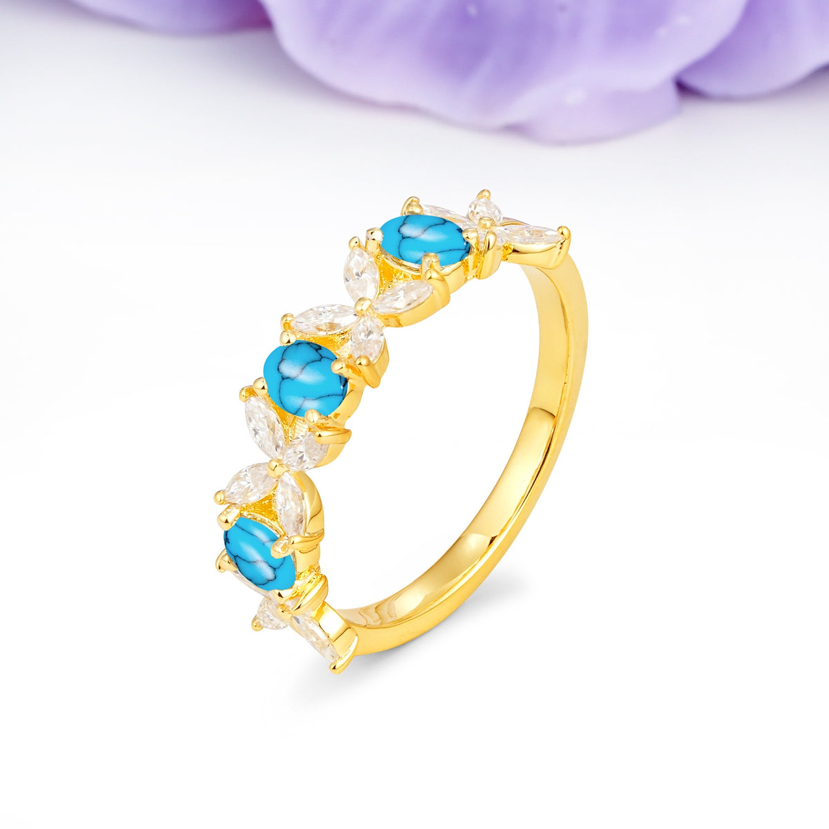 Unique and Luxurious 4 Prong Oval Cut Turquoise Three stones Wedding Ring - Additional view