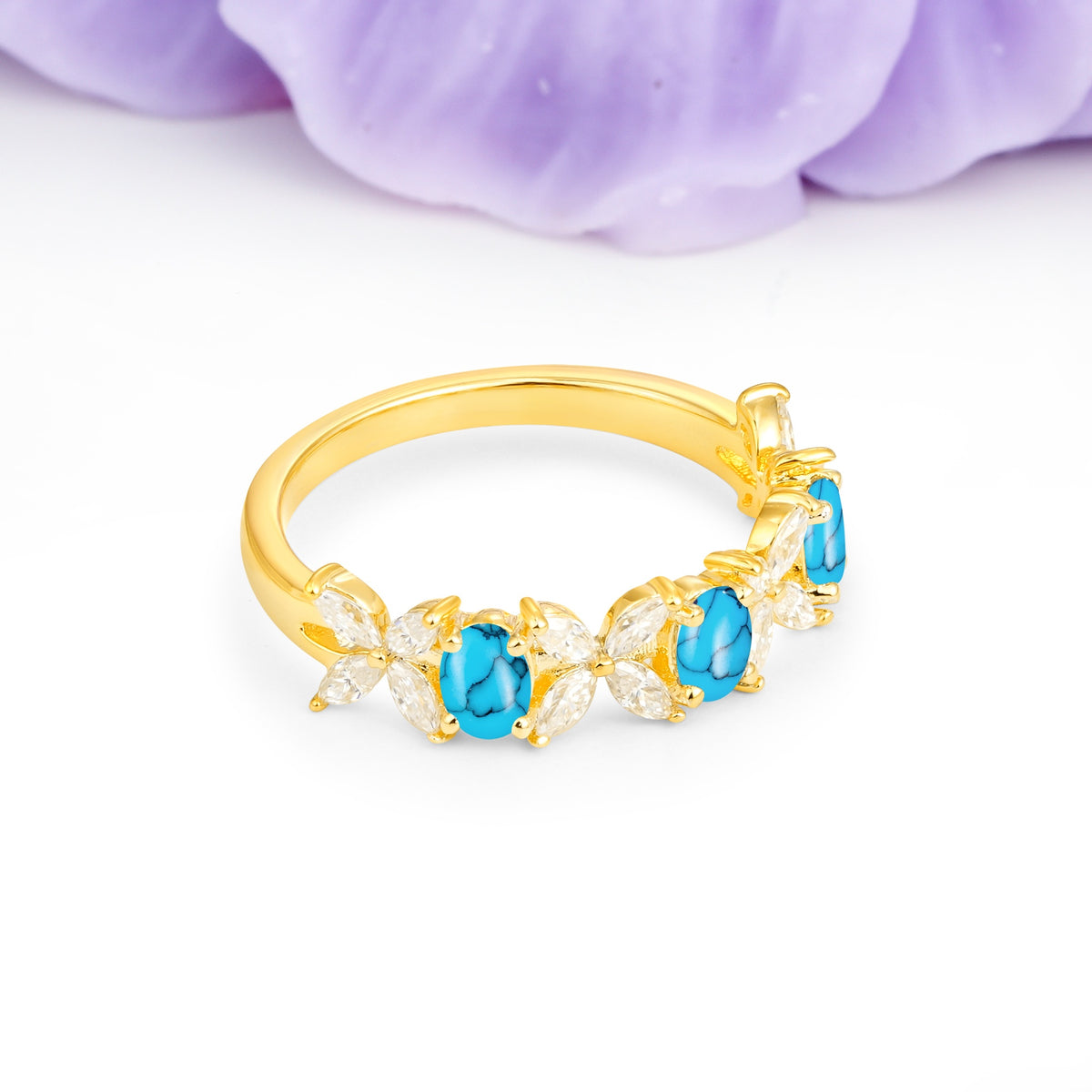 Unique and Luxurious 4 Prong Oval Cut Turquoise Three stones Wedding Ring - Additional view