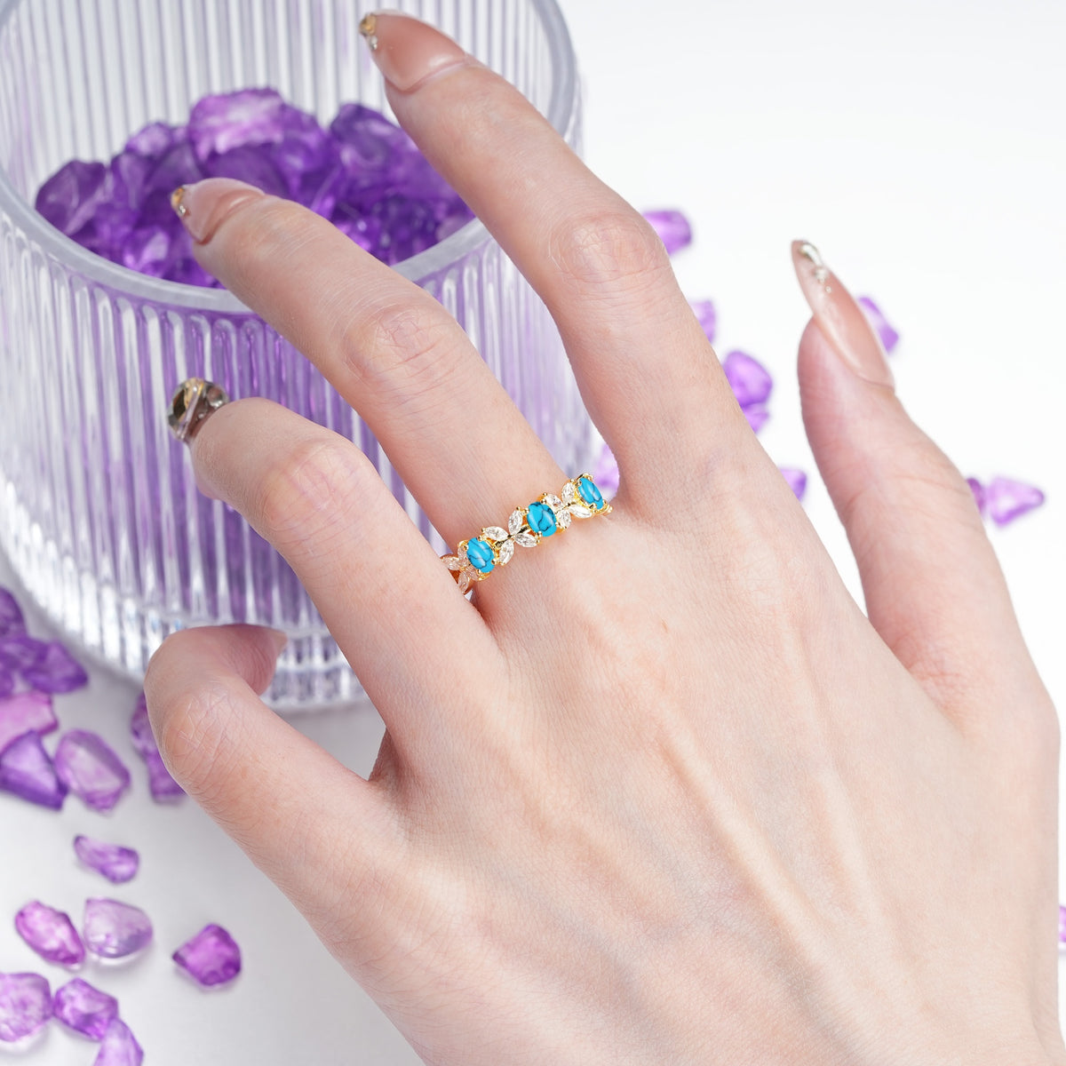 Unique and Luxurious 4 Prong Oval Cut Turquoise Three stones Wedding Ring - Additional view