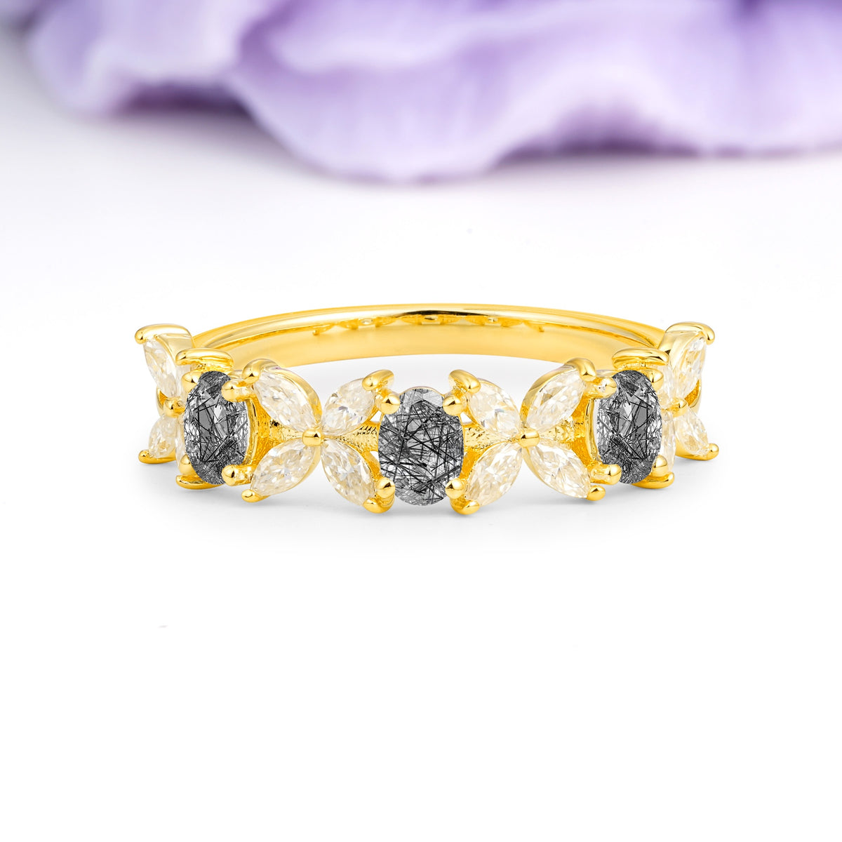 Unique and Luxurious 4 Prong Oval Cut Black Rutilated Quartz Three stones Wedding Ring - Additional view