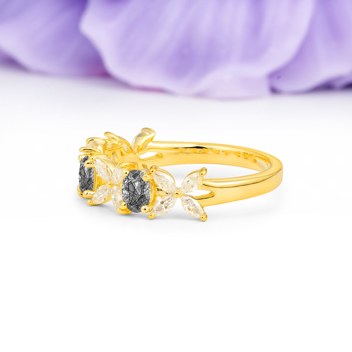 Unique and Luxurious 4 Prong Oval Cut Black Rutilated Quartz Three stones Wedding Ring - Additional view