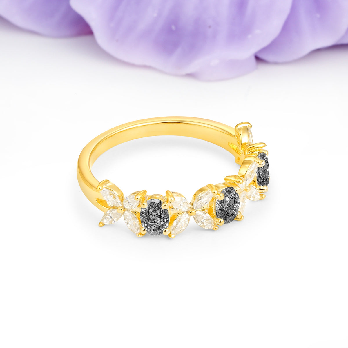 Unique and Luxurious 4 Prong Oval Cut Black Rutilated Quartz Three stones Wedding Ring - Additional view