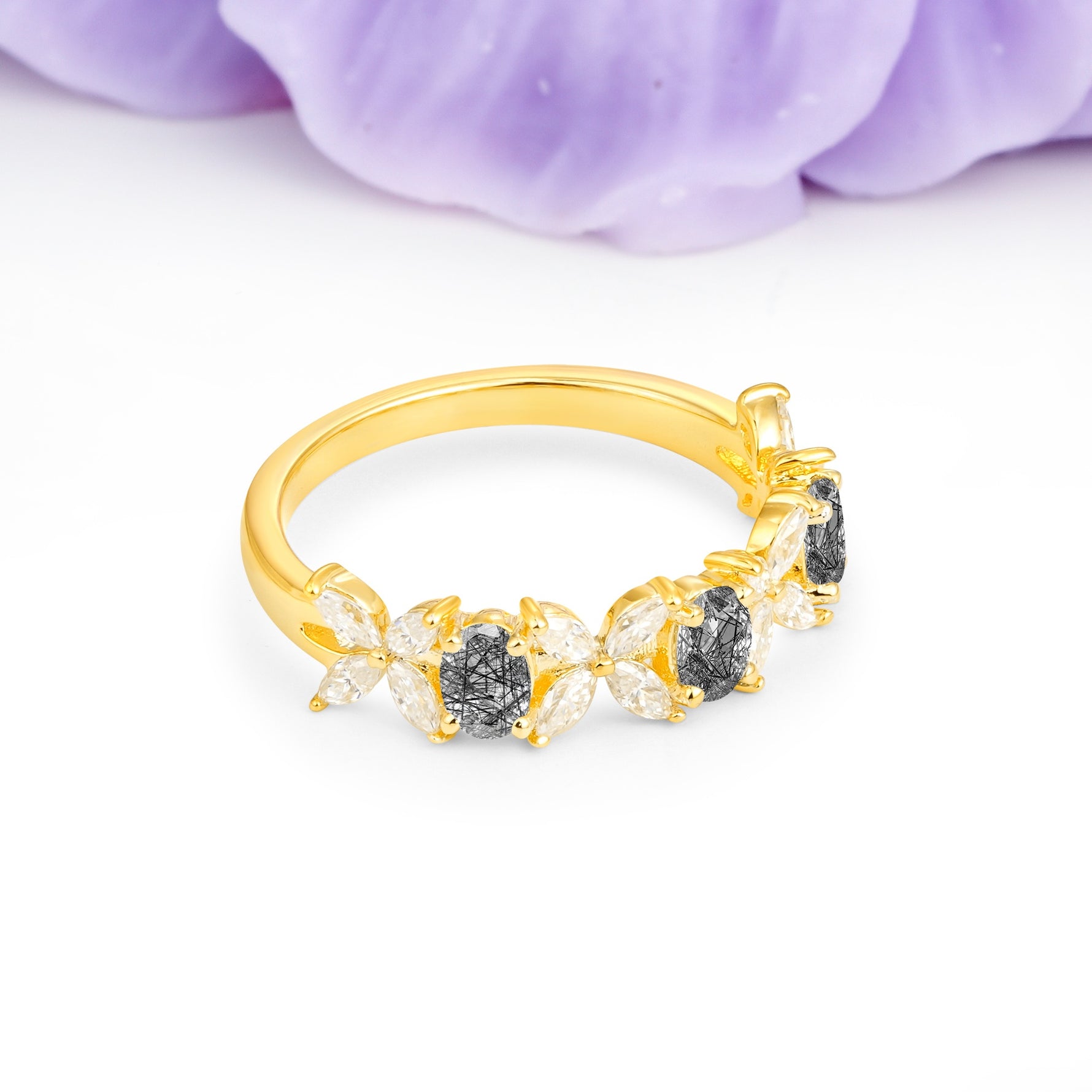 Unique and Luxurious 4 Prong Oval Cut Black Rutilated Quartz Three stones Wedding Ring - Additional view