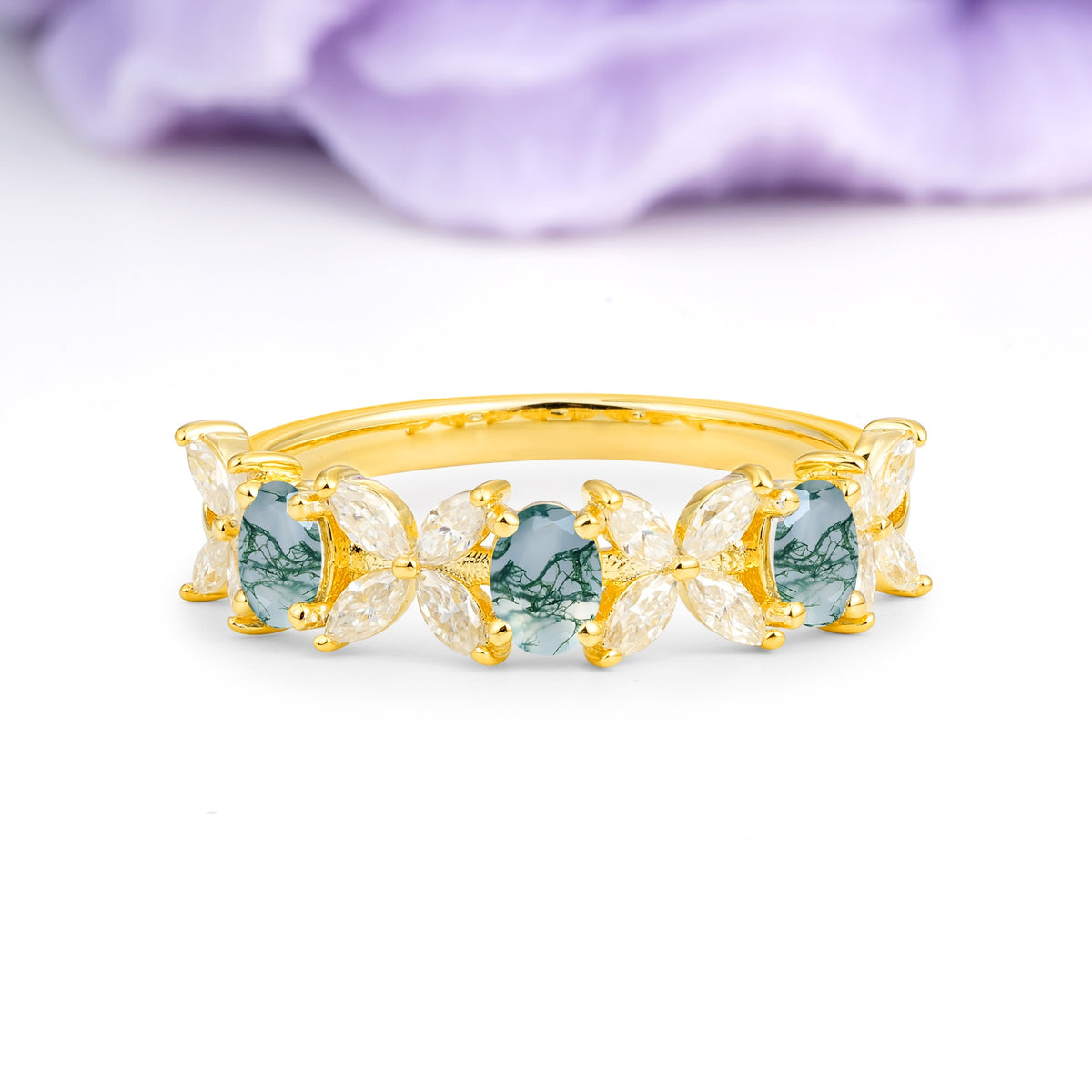 Unique and Luxurious 4 Prong Oval Cut Moss Agate Three stones Wedding Ring - Additional view