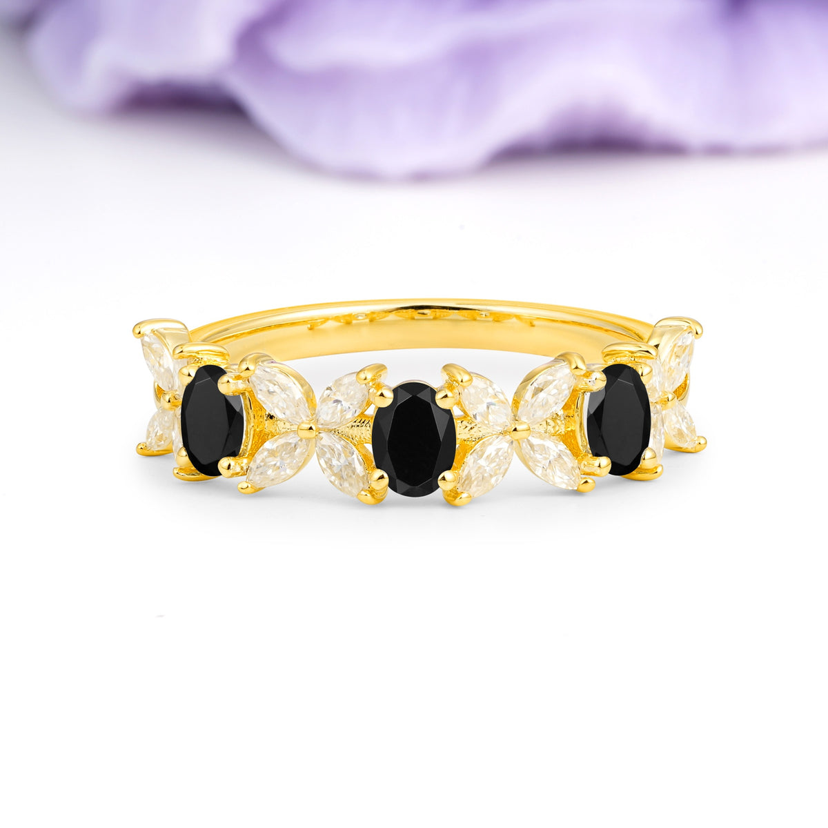 Unique and Luxurious 4 Prong Oval Cut Black Onyx Three stones Wedding Ring - Additional view