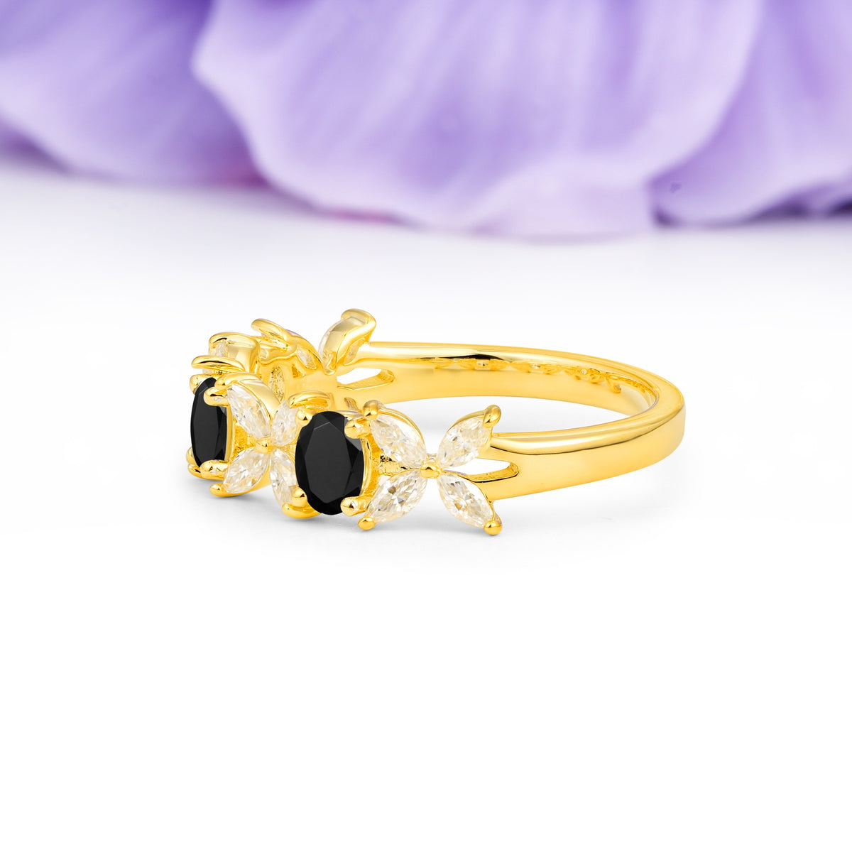 Unique and Luxurious 4 Prong Oval Cut Black Onyx Three stones Wedding Ring - Additional view