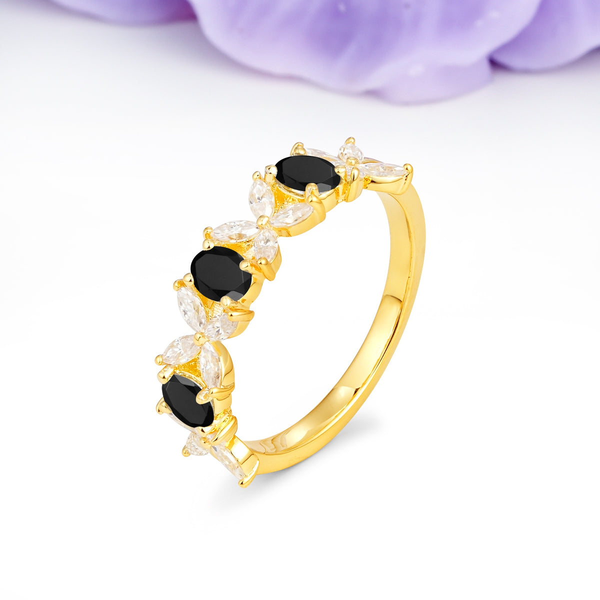 Unique and Luxurious 4 Prong Oval Cut Black Onyx Three stones Wedding Ring - Additional view