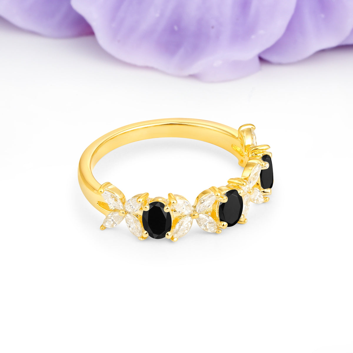 Unique and Luxurious 4 Prong Oval Cut Black Onyx Three stones Wedding Ring - Additional view
