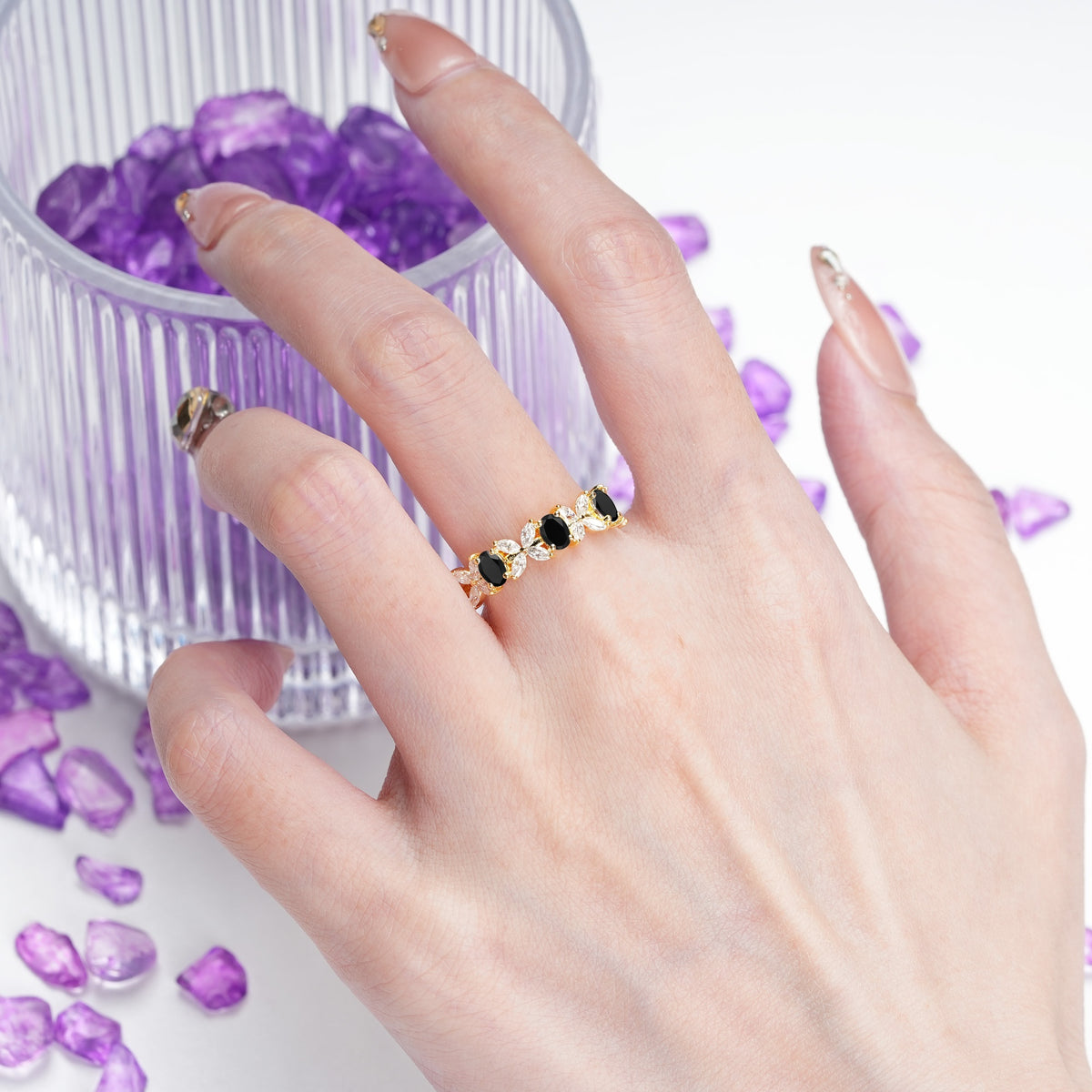 Unique and Luxurious 4 Prong Oval Cut Black Onyx Three stones Wedding Ring - Additional view