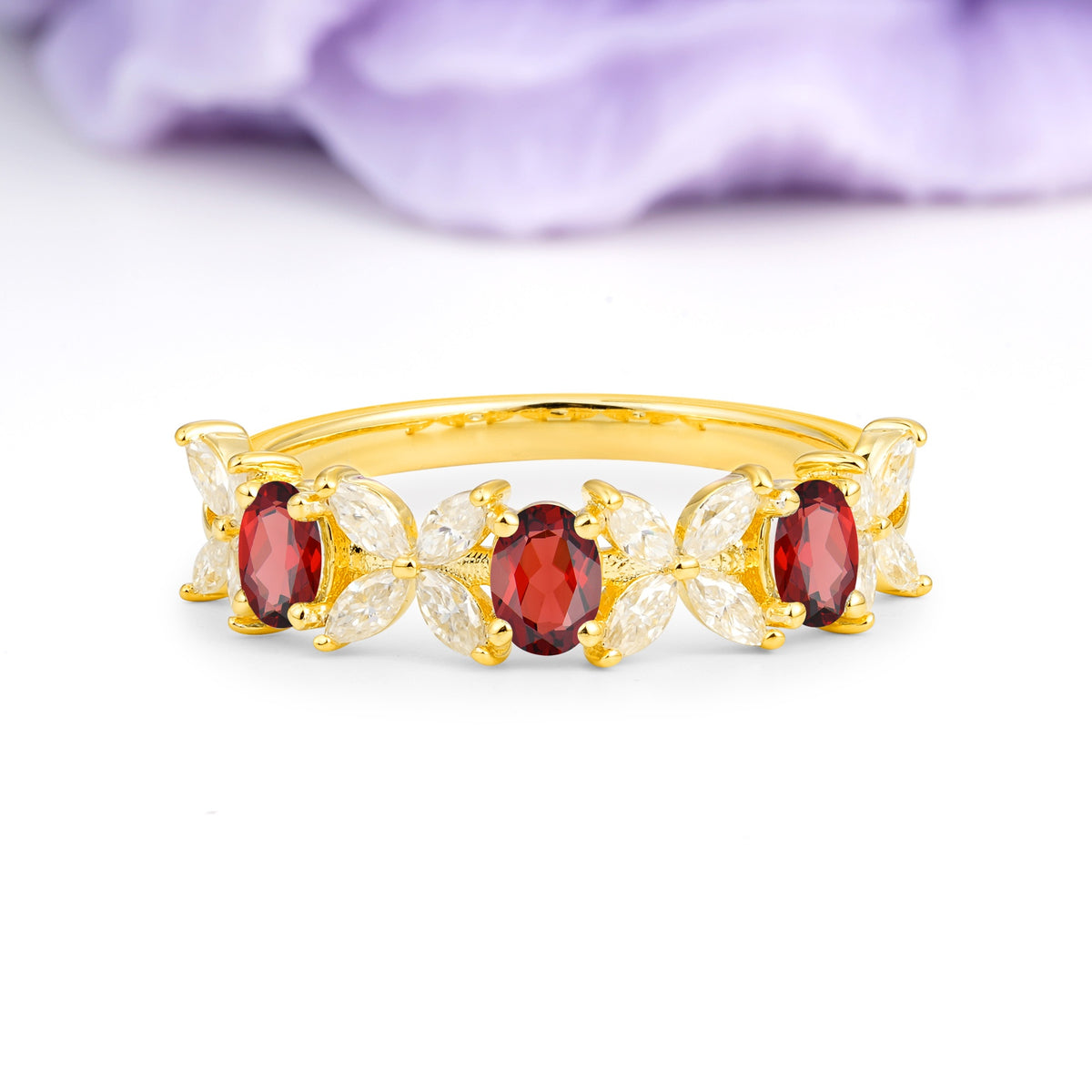 Unique and Luxurious 4 Prong Oval Cut Garnet Three stones Wedding Ring - Additional view