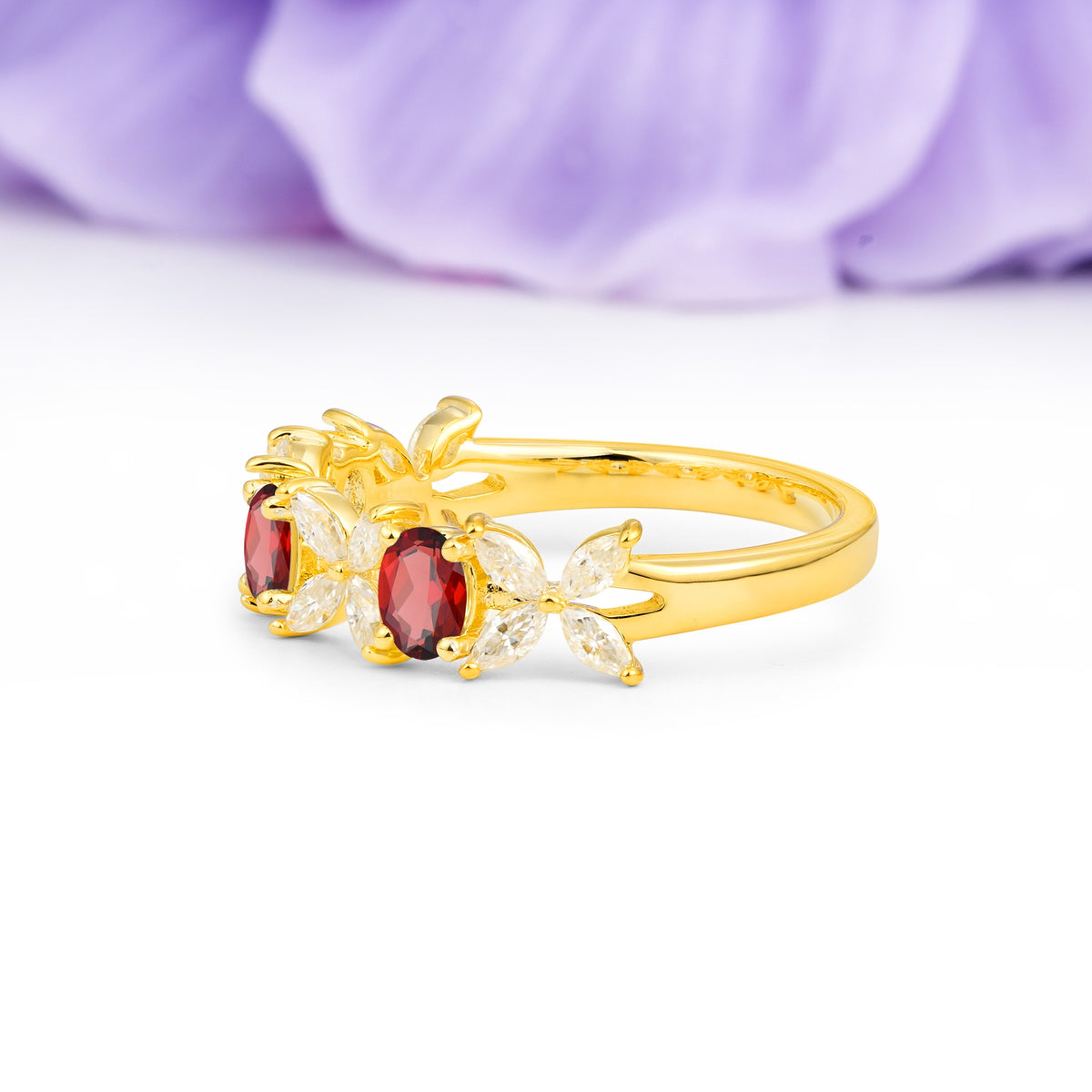 Unique and Luxurious 4 Prong Oval Cut Garnet Three stones Wedding Ring - Additional view