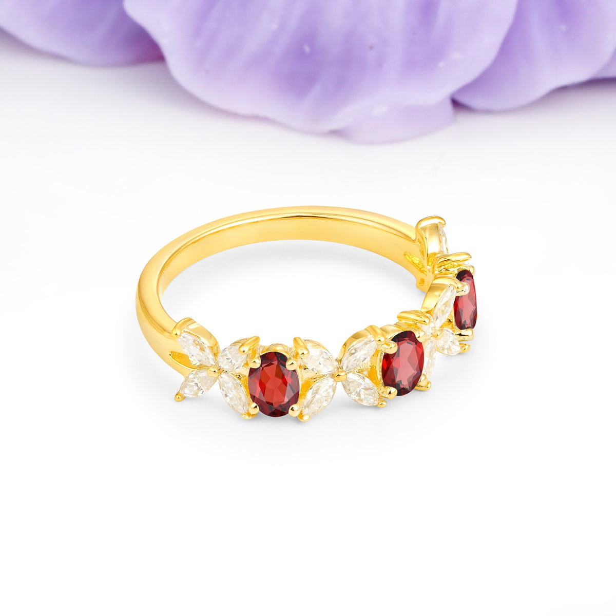 Unique and Luxurious 4 Prong Oval Cut Garnet Three stones Wedding Ring - Additional view