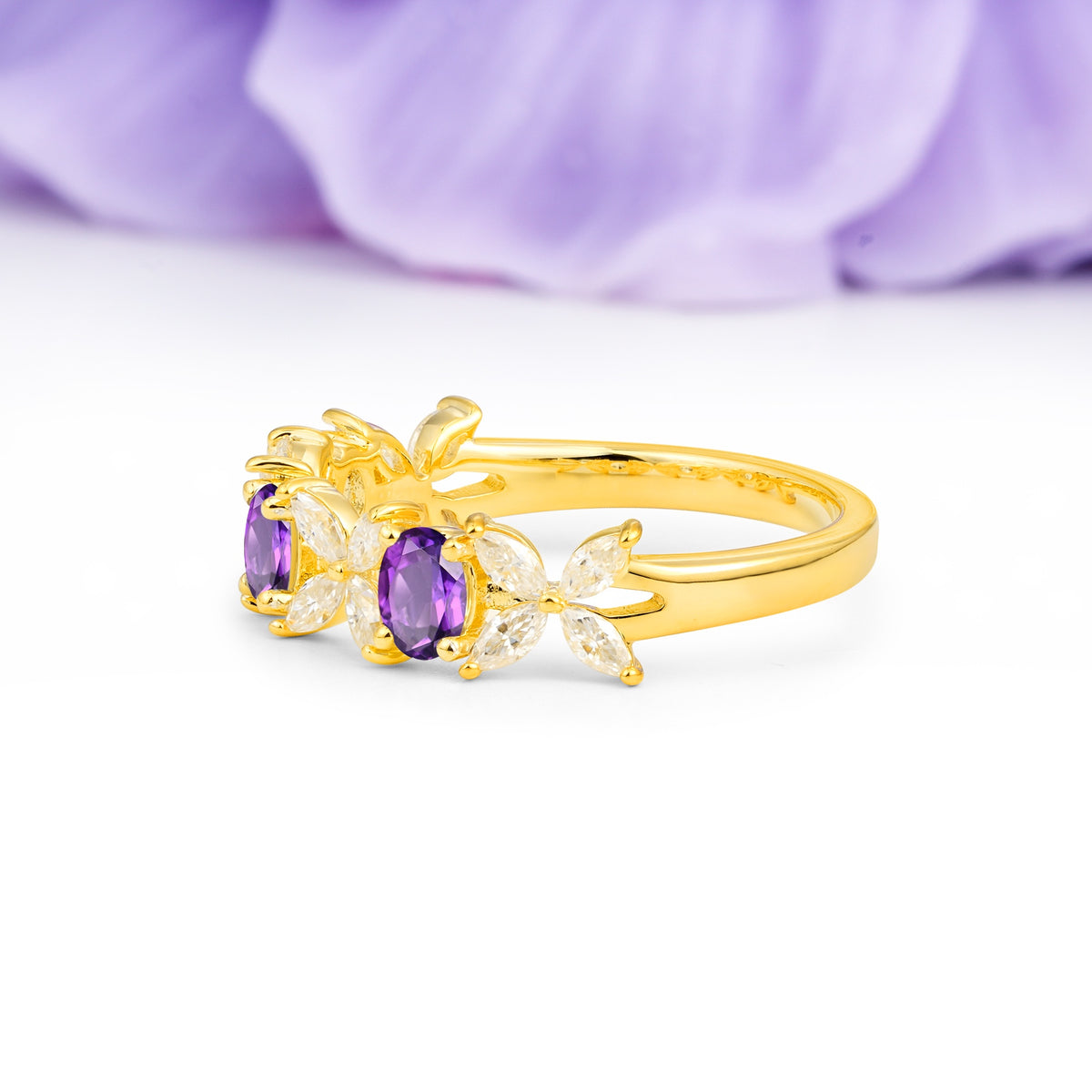 Unique and Luxurious 4 Prong Oval Cut Amethyst Three stones Wedding Ring - Additional view