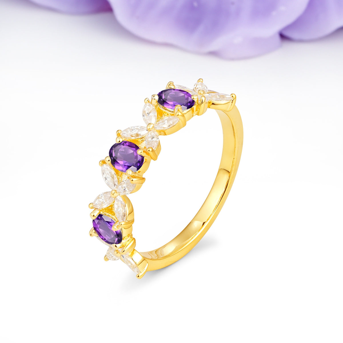Unique and Luxurious 4 Prong Oval Cut Amethyst Three stones Wedding Ring - Additional view